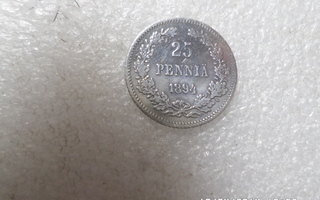 25  penniä 1894 hopeaa  kulkematon