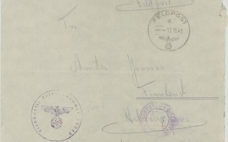 1943 kirje Saksan kenttäpostista Suomeen