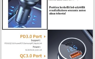 ESSAGER USB PD/QC-autolaturi - näytöllä auton akun jännite