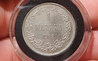 1 Markka 1908 hopeaa. Siisti