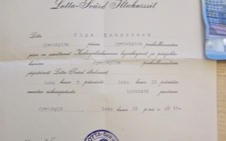 VANHA Todistus Lotta Svärd Iltakurssit Jyväskylä 1944