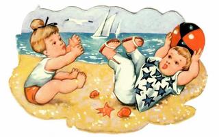 PZB 1386 - Pienet pojat leikkivät rannalla