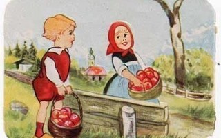 EAS 3130 / NELKKU: Tyttö ja poika poimimassa omenoita.
