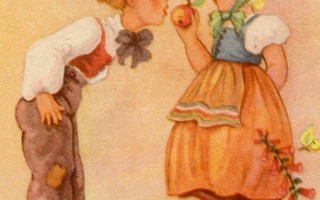 Lapsi - Tyttö antaa omenan pojalle - Kortti 1940-50-luvulta