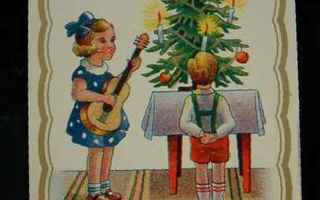 Vanha Suomal. joulupostikortti 1900 l alkua lapset ja kuusi
