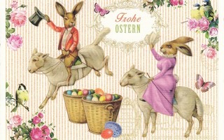 Jänikset ratsastavat lampailla (Taudendschön-kortti)