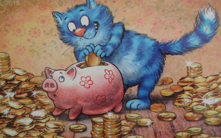 Irina Zeniuk sininen kissa laittaa kolikoita possupankkiin