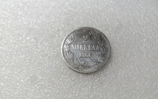 2  mk  1866   Hopeaa   tasaisesti hieman kulunut  .
