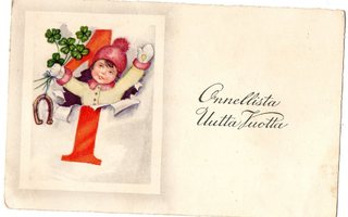 Vanha postikortti- lapsi ja Uusi Vuosi
