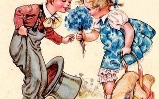 LAPSET / Poika antaa sinimekkoiselle tytölle kukkia. 1940-l.