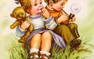 LAPSET / Tyttö ja poika puhaltavat saippuakuplia. 1960-l.