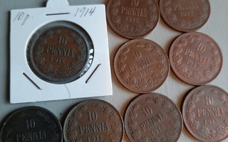 10 penniä 1900-1917 yht 9 kpl