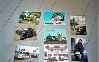 8 postikorttia erilaisista ajoneuvoista