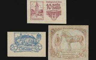 Itävalta Notgeld 10, 20, 50 Heller, Wels 1920