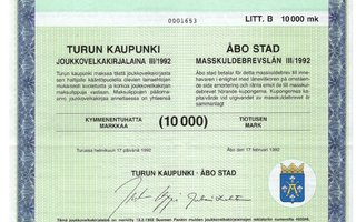 OKK obligaatio Turun Kaupunki jvk-laina III 1992 10 000 mk