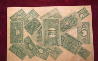 Setelipostikortti. Aiheena v.1898 ja 1909 vuosien seteleitä