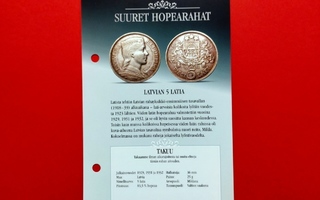 Latvia 5 Lati 1931, iso hopea raha . Hyvä kunto. (KD77)