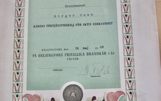VANHA Luovari Palokunta VPK FBK Ansiomitali 1949 Ruotsinkiel