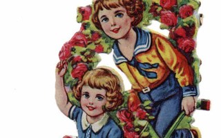 WANHA / Poika vie tyttöä kottareissa, ruusuja. 1900-l.