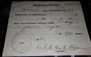 Kuljetusmääräys Veskelys-Suojärvi-Suojoki 1941 PK900/18