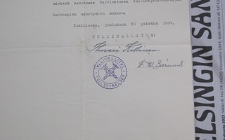 VANHA Määräys Tullirajatarkastajaksi Lappi 1940 Talvisota