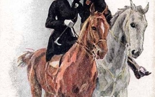 RAKKAUS / Nainen ja mies suutelevat - hevoset. 1910-l.