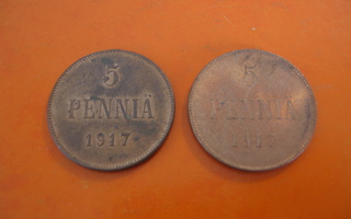 2 kpl 5 penniä I ja II - 1917