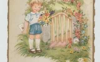 Poika portilla kukkakimppu ja kirje kädessään (t)
