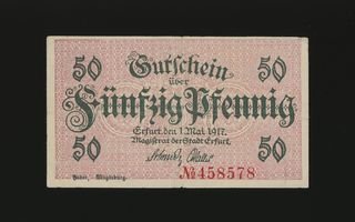 Saksa Notgeld 50 Pfennig, Erfurt 1.5.1917 VF