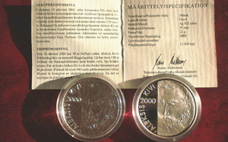 100 mk Aleksis Kivi Proof ja BU v. 2000