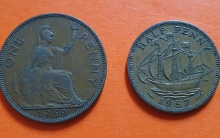 Iso-Britannia 2 kolikkoa One Penny 1939 ja Half Penny 1957