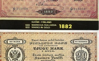 Rahakortit 1882 ja 1883 20 markka ja 100 markkaa kullassa