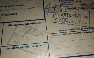 VR Pori Äetsä Asemaleima Rahtikirja 1941 PK140/8