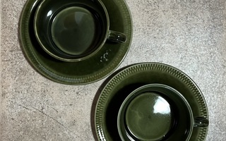 Kahvi-teekupit ja lautaset, vihreät, 2 kpl