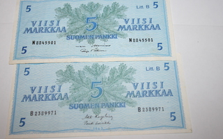 2 kpl Suomalaisia seteleitä. Litt.B. Kl 3-4.