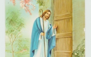 Jeesus sauva kädessä kolkuttaa ovella