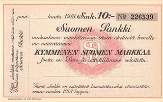 Suomen Pankki 10 Markkaa 1918 Shekki UNC
