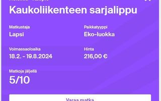 VR Lasten sarjalippu Kuopio-Helsinki-välille (1-5 matkaa)