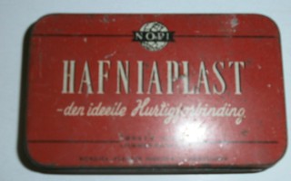 Vanha peltirasia Hafniaplast-laastarit