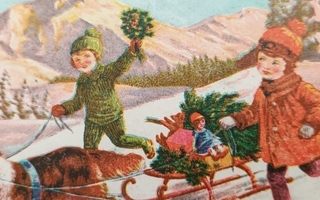 Vanha joulukortti: Koira vetää kelkkaa.../kulk. 1938