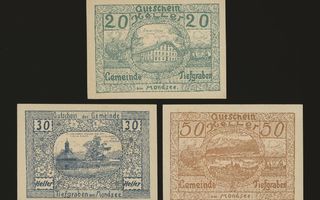 Itävalta Notgeld 20, 30, 50 Heller, Tiefgraben 1920