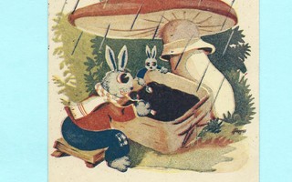 Vanha kortti:Jänikset popsivat mämmiä kärpässienen alla