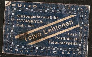 Jyväskylä Toivo Lehtonen Osakeyhtiö Savo Puijo tulitikkuja