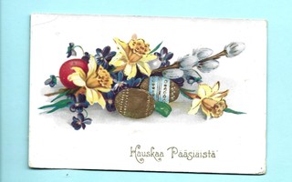 Vanha pääsiäiskortti: Narsissit, pajut, munat