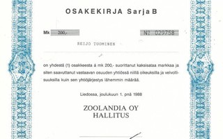 1988 Zoolandia Oy , Lieto osakekirja