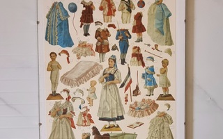 Antique Paper Cutout Doll & Clothes, lasikehyksessä