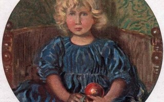 LAPSET / Sinimekkoinen tyttö omena kädessään. 1900-l.