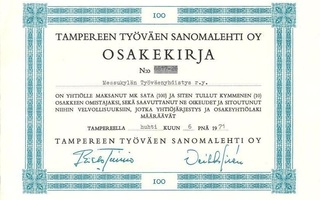 1971 Tampereen Työväen Sanomalehti Oy, Tampere osakekirja
