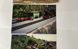 Kolme kappaletta rautatieaiheisia postikortteja