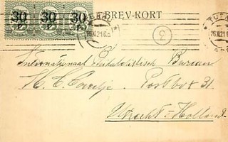 1921 30/10 p 3-rivilö postikortti Hollantiin